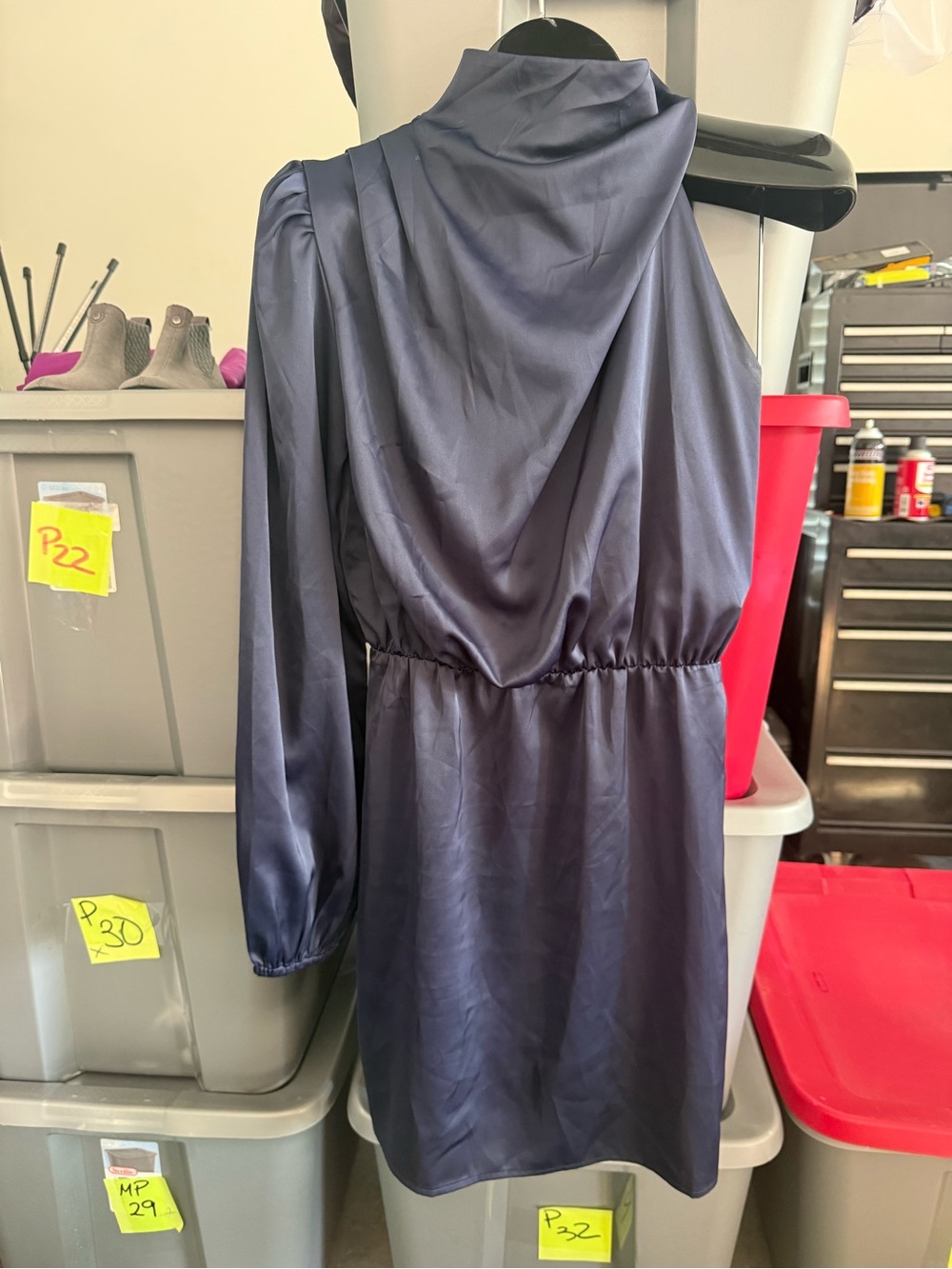 Women's Navy Satin Hooded Long-Sleeve Dress mp75